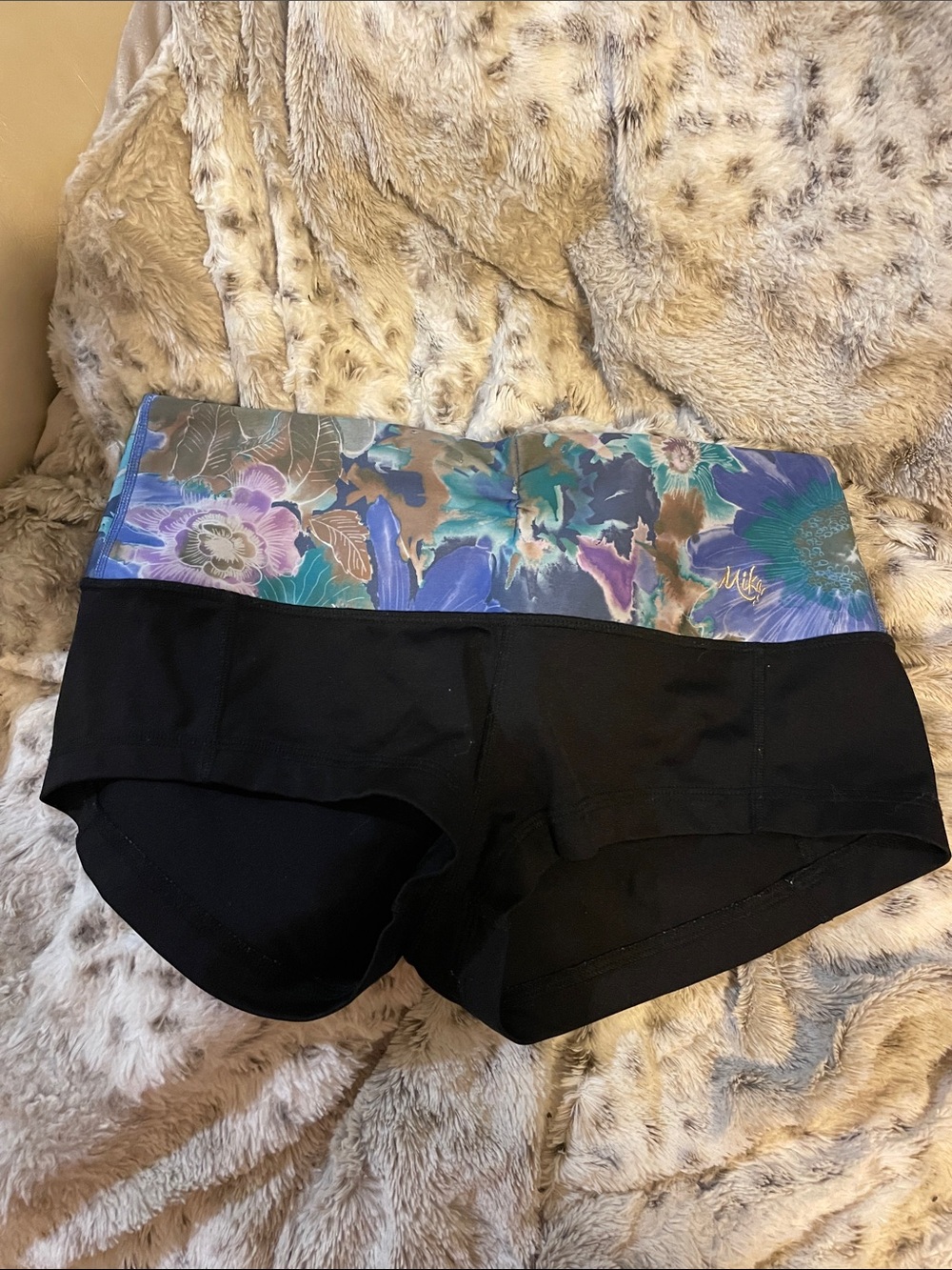 Mika Yoga Wear Black Boyshorts with Floral Waistband